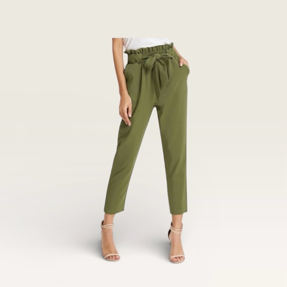 Grace Karin Olive Green Paperbag Waist Tie Cropped Pants Medium